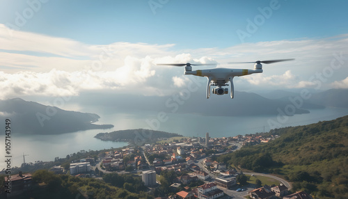 Pedestal drone flight over the town of Tafi del Valle with view on the epic lake and the cloudy mountain, slowmo and copy space isolated with white shades, png photo