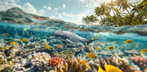 Wallpaper Mural A dolphin swims among colorful corals and fish in a vibrant underwater scene. Torontodigital.ca