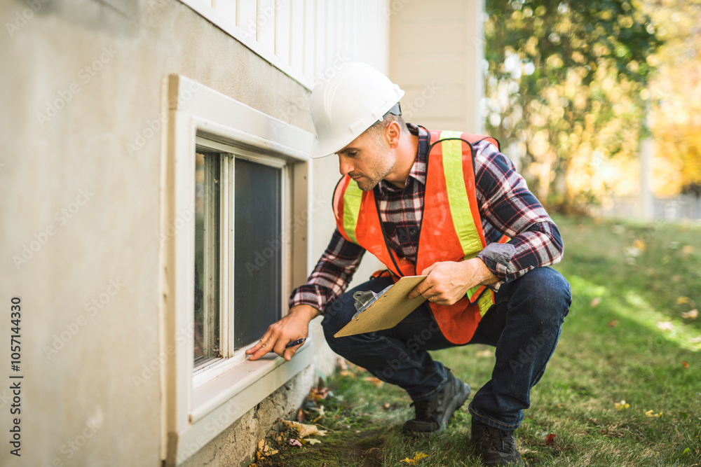Man inspecting house window outside on day light Man inspecting house window outside on day light