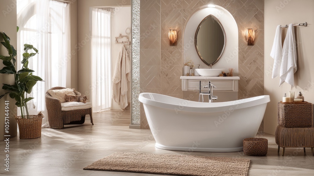 Fototapeta premium Elegant Bathroom with Freestanding Bathtub and Soft Decor