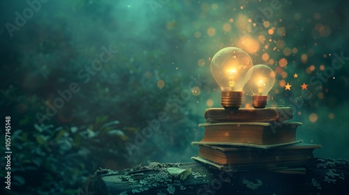 Books stacked with light bulbs glowing in a dreamy forest setting photo