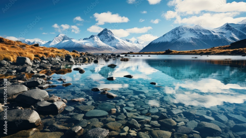 A serene landscape featuring mountains reflecting in a calm lake with rocky shores. A serene landscape featuring mountains reflecting in a calm lake with rocky shores.