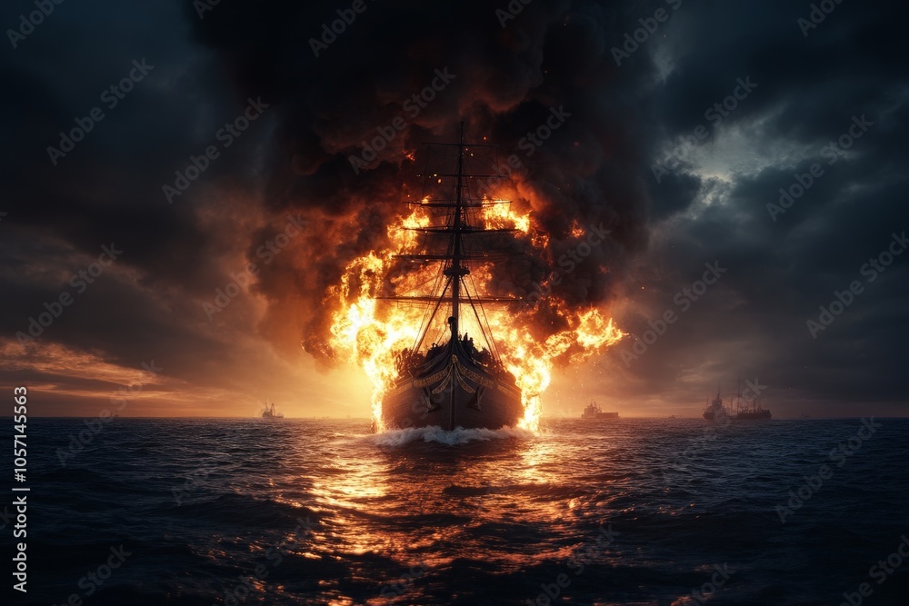 Obraz premium A historic ship is depicted engulfed in dramatic fiery flames with smoke rising, conveying intense drama, history, conflict, and the power of nature in a maritime scene.