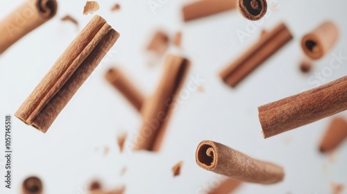 Aromatic cinnamon sticks flying against a pristine white backdrop photo