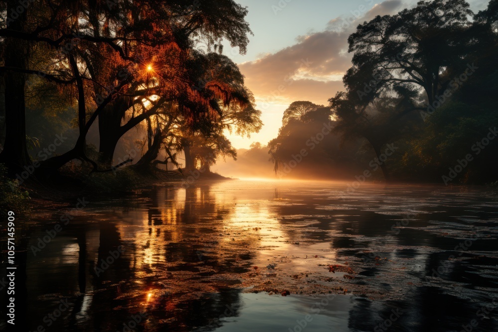 Serene river landscape at sunrise with mist and reflections. Serene river landscape at sunrise with mist and reflections.
