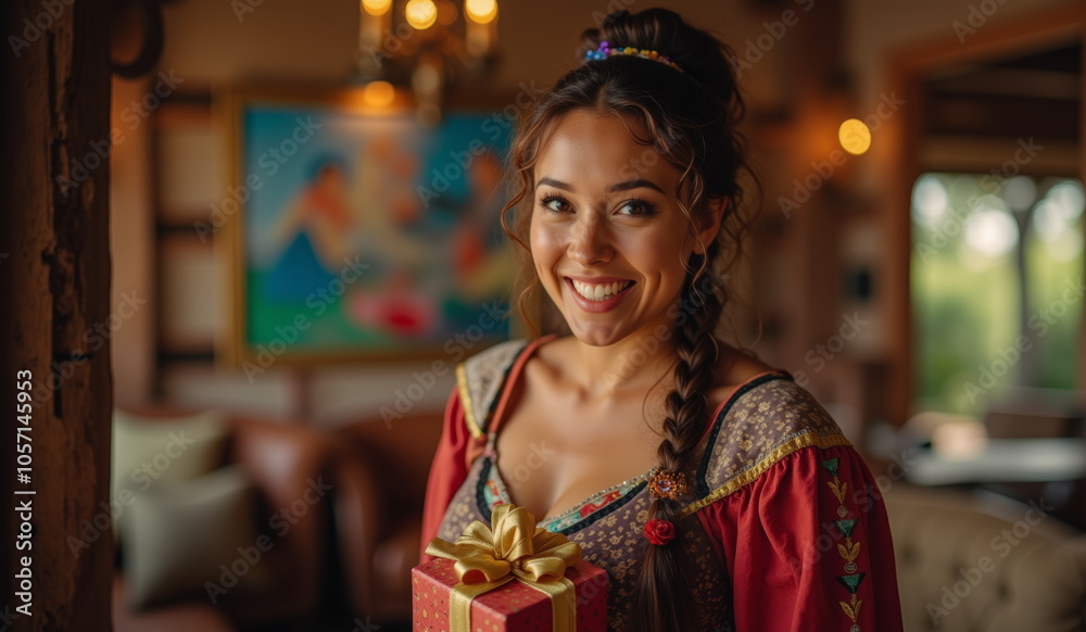 a woman with a gift in her hand and a picture of a christmas tree. a woman with a gift in her hand and a picture of a christmas tree.
