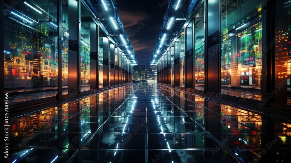 A futuristic corridor with reflective surfaces and vibrant city lights at dusk. A futuristic corridor with reflective surfaces and vibrant city lights at dusk.
