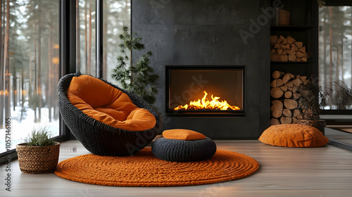 Cozy Living Room Interior Design with Fireplace and Orange Chair - 3D Illustration