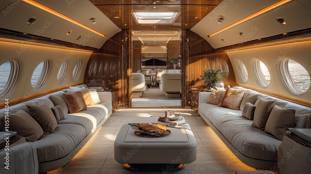 Obraz premium Luxurious interior of a private jet with elegant furnishings.