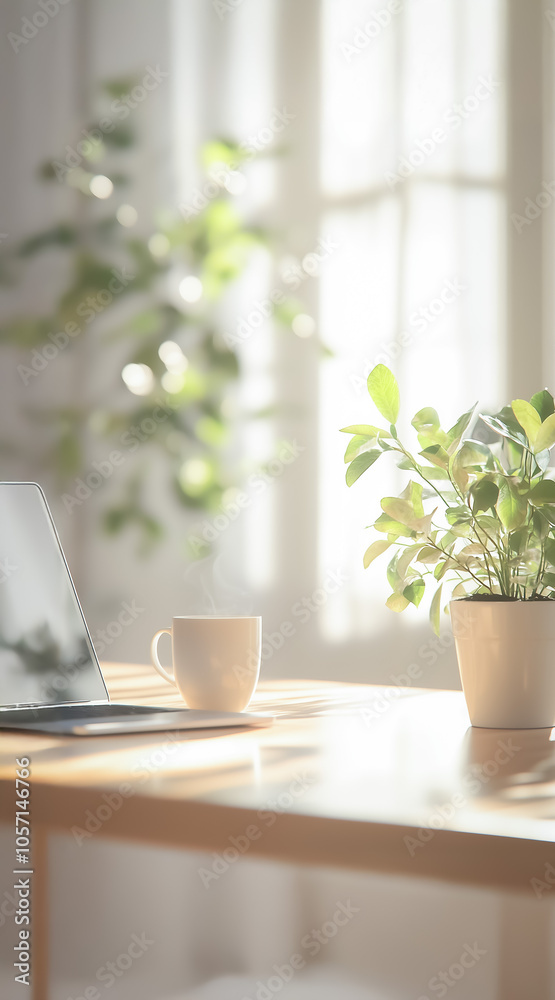Bright, minimalist home office with a plant and coffee cup on a wooden desk, illuminated by soft natural light, providing a serene and productive workspace ambiance. Bright, minimalist home office with a plant and coffee cup on a wooden desk, illuminated by soft natural light, providing a serene and productive workspace ambiance.