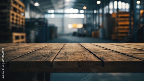 A product display montage features an empty wooden table set against a softly blurred warehouse background