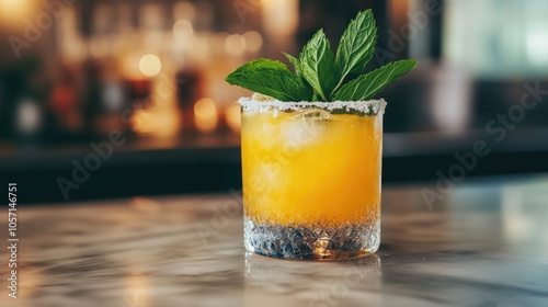 A refreshing passion fruit mocktail garnished with mint leaves and a sprinkle of salt placed on a kitchen table