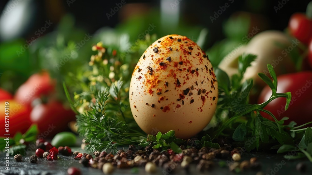 A beautifully arranged egg adorned with spices surrounded by a softly blurred background of fresh vegetables and herbs A beautifully arranged egg adorned with spices surrounded by a softly blurred background of fresh vegetables and herbs