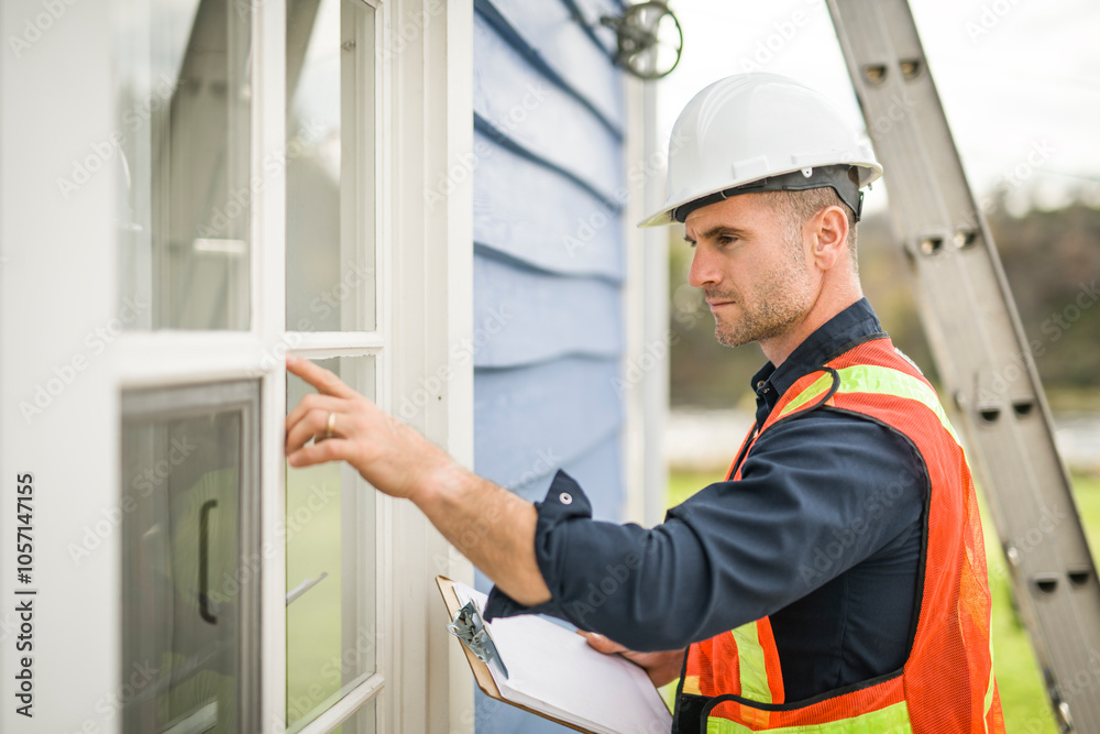 Man inspecting house window outside on day light Man inspecting house window outside on day light