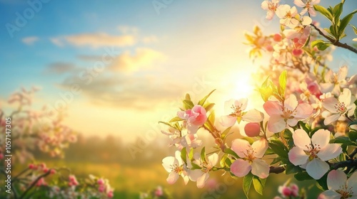 Wallpaper Mural Apple tree blossoms against a backdrop of blue sky and the rising sun during a spring morning Torontodigital.ca