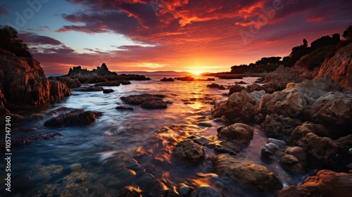 A stunning sunset over rocky coastline with vibrant colors reflecting in the water.