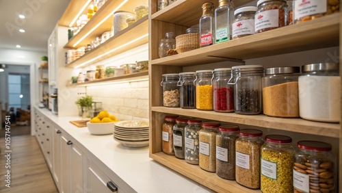 Organized Pantry with Bokeh Effect for Clutter-Free Kitchen Spaces and Efficient Food Storage Solutions