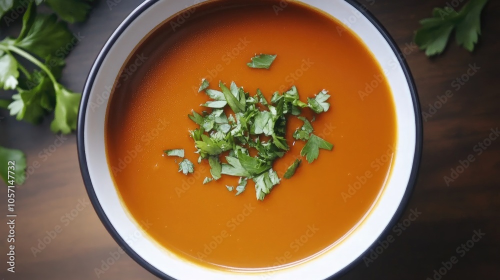 A bowl of soup garnished with chopped parsley A bowl of soup garnished with chopped parsley