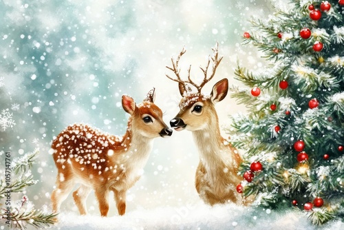 Background a bright winter glistening snow day, place front and center glistening snow. Christmas greens. . Christmas tree and deers.