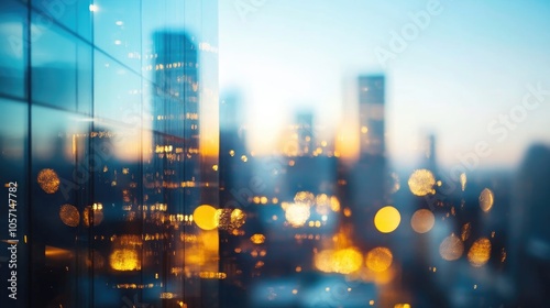 Abstract skyline view of an urban landscape featuring a modern office building illuminated by morning light with a blurred bokeh effect highlighting the contemporary architecture