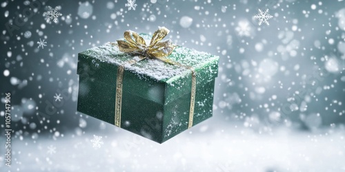 Green Gift Box With Silver Ribbon Covered in Snow Floating Against a Snowy Winter Background