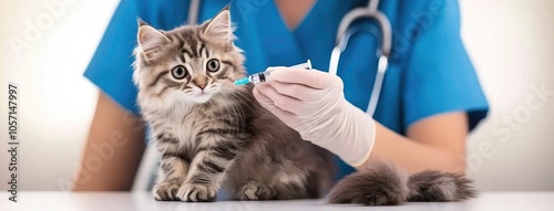 A caring veterinarian in blue uniform provides emergency care to a cat in a bright clinical setting, capturing the essence of animal welfare