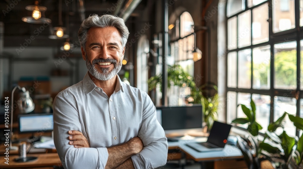 Friendly Middle-Aged Man with Folded Arms in Office Friendly Middle-Aged Man with Folded Arms in Office