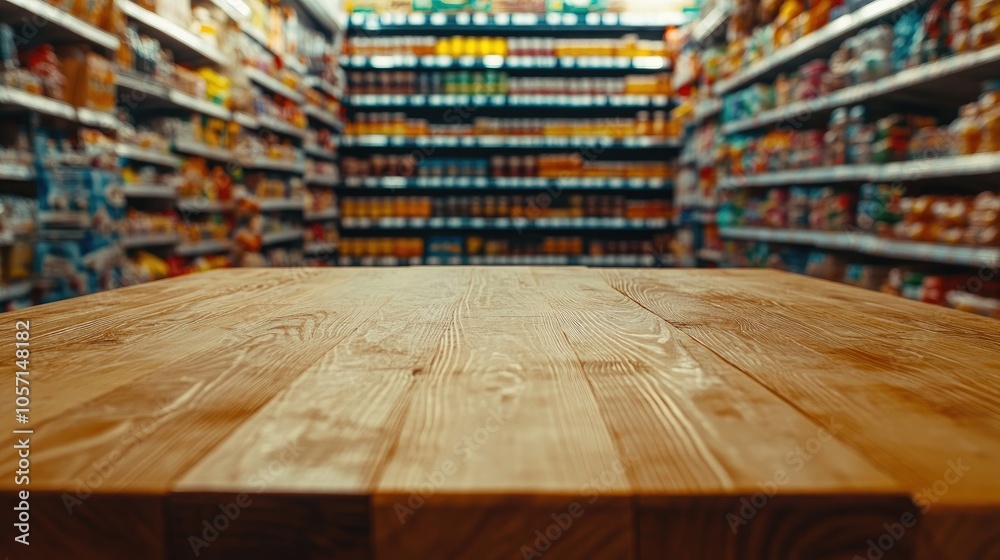 A clear wooden table in a grocery store aisle featuring out of focus supermarket shelves behind it A clear wooden table in a grocery store aisle featuring out of focus supermarket shelves behind it