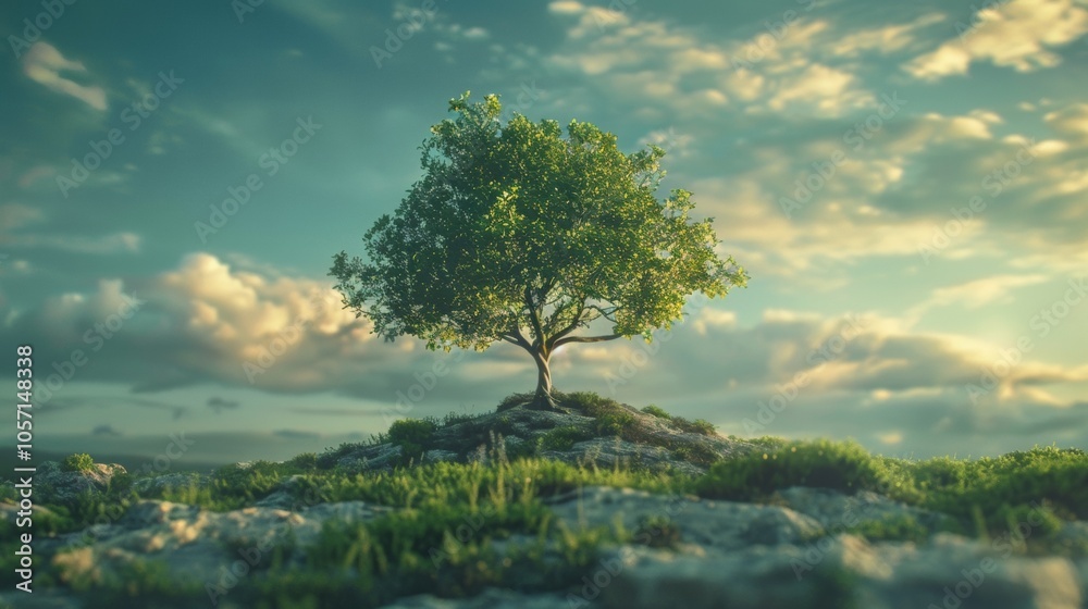 Lone tree on a hill with dramatic sky and lush landscape Lone tree on a hill with dramatic sky and lush landscape
