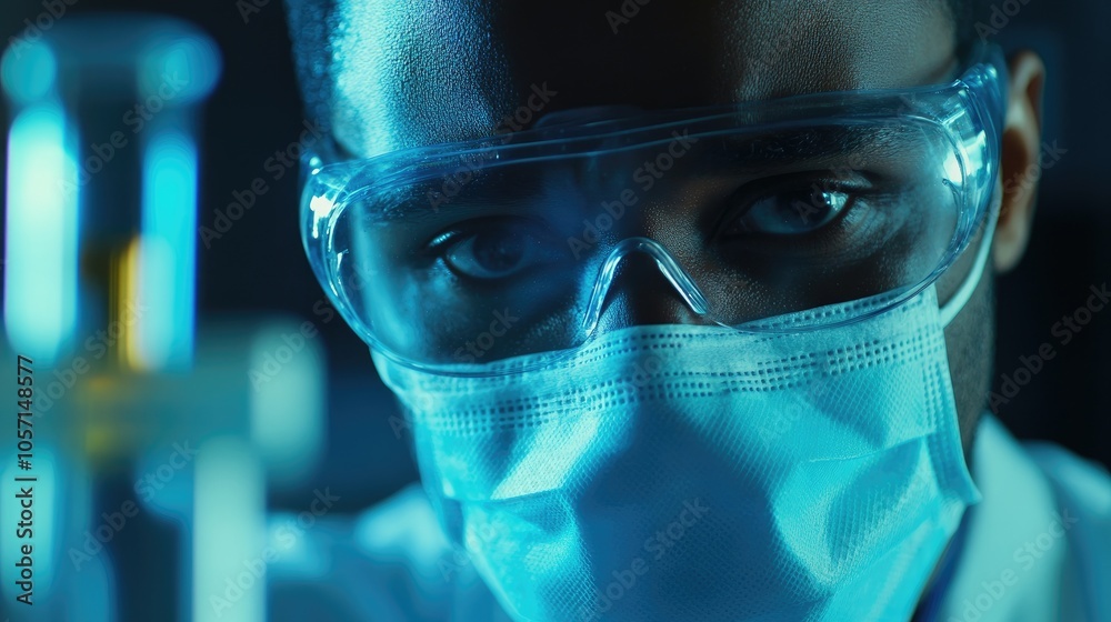 A researcher wearing a protective mask conducts work in a laboratory focused on developing innovative medicines and vaccines Scientific research environment and lab concept A researcher wearing a protective mask conducts work in a laboratory focused on developing innovative medicines and vaccines Scientific research environment and lab concept