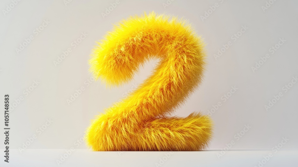 Adorable yellow number two designed in a furry style with short hair set against a clean white background creating a whimsical 3D illusion Adorable yellow number two designed in a furry style with short hair set against a clean white background creating a whimsical 3D illusion
