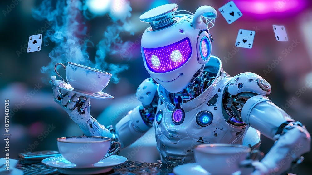 Futuristic Robot at a Whimsical Tea Party Scene Futuristic Robot at a Whimsical Tea Party Scene