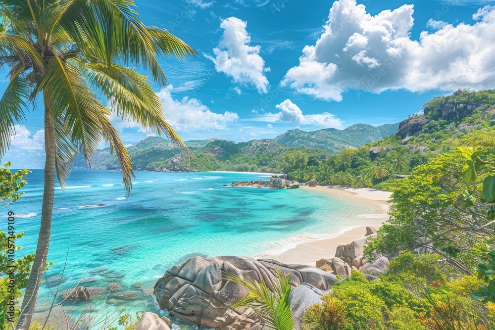 Obraz premium Tropical Beach with Palm Tree, Clear Water, and Lush Green Hills