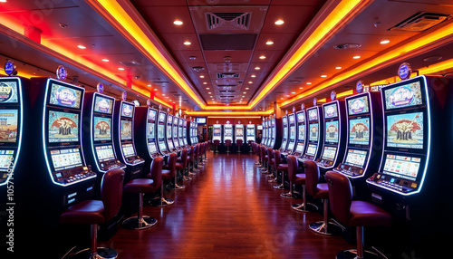 A large casino interior with rows of slot machines and bright neon lighting, creating a vibrant and energetic atmosphere