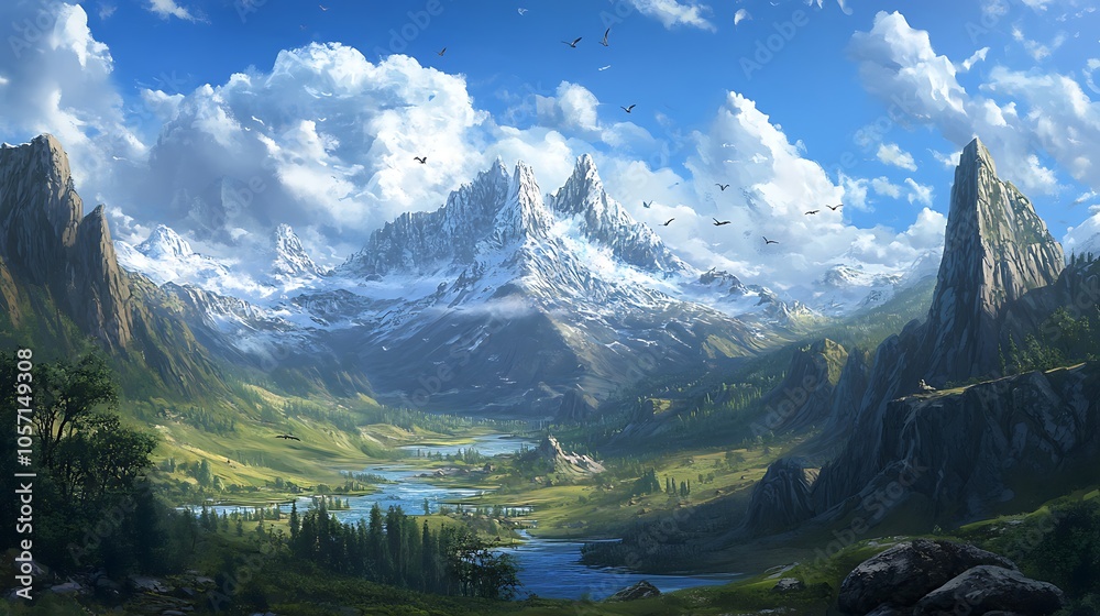 Naklejka premium A breathtaking landscape featuring majestic mountains, lush valleys, and a serene river under a bright sky.