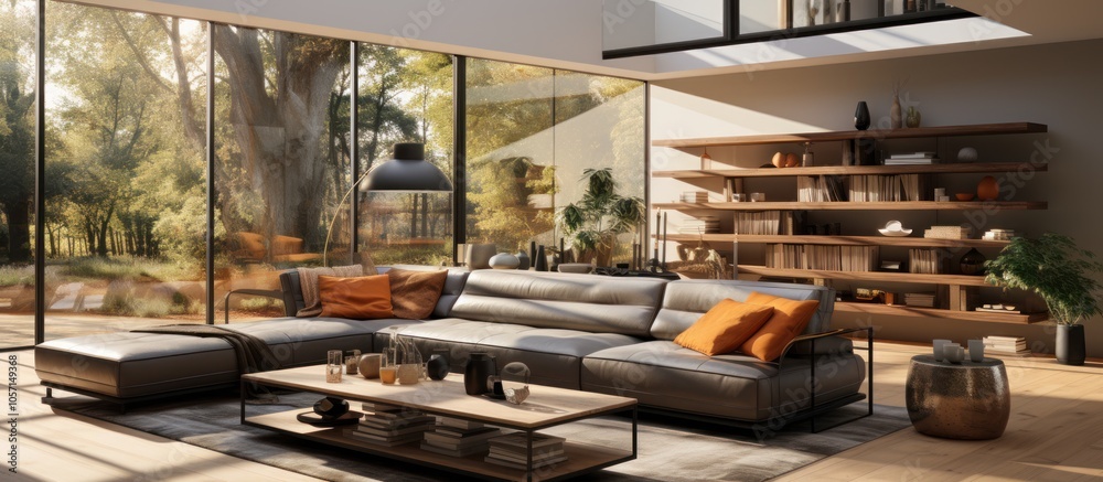 Modern living room with large windows showcasing nature and a cozy seating area. Modern living room with large windows showcasing nature and a cozy seating area.