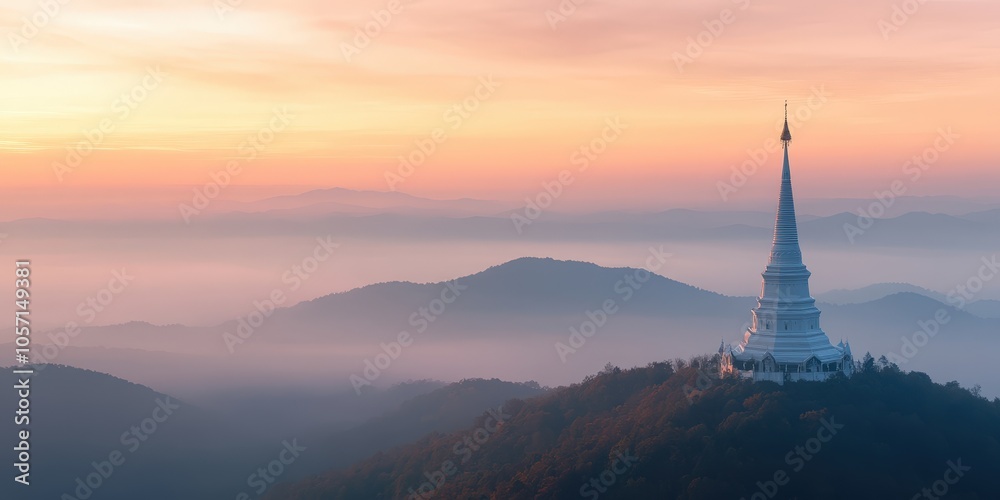Obraz premium White Pagoda on Mountain Peak at Sunrise with Foggy Landscape