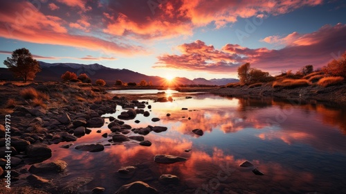 A serene sunset over a river, reflecting vibrant clouds and surrounding nature.