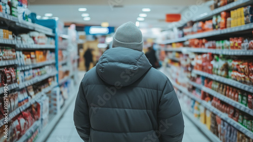 A person in a hoodie and beanie walks down a retail store aisle, creating a subtle sense of tension, symbolizing concepts of retail theft, shoplifting, and security challenges in modern stores.