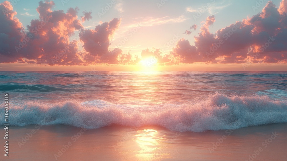 Fototapeta premium Serene sunset over ocean waves with colorful clouds.