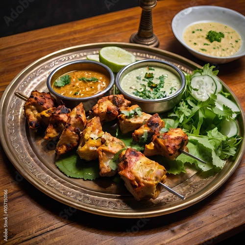 A colorful plate of assorted chicken kebabs (malai, tikka, and hariyali), served with fresh salad, mint chutney, and soft roomali roti on a traditional brass plate photo