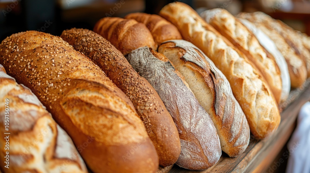 Assorted artisan bread loaves lined up highlighting their unique textures and crusts embodying the essence of artisanal baking Assorted artisan bread loaves lined up highlighting their unique textures and crusts embodying the essence of artisanal baking