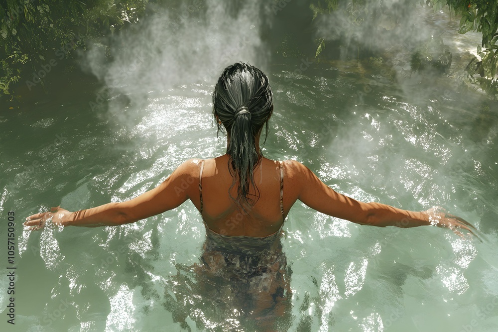 Fototapeta premium A serene woman enjoys a relaxing soak in a steamy hot spring, surrounded by lush greenery and swirling water.