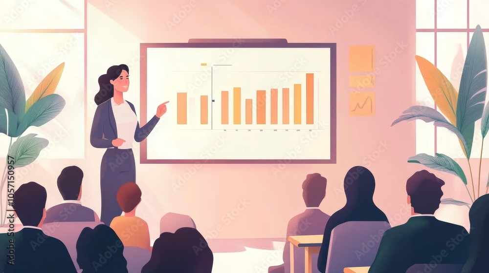 Vector illustration of a business presentation: a businesswoman guiding her team through data analysis, set against a serene, pastel-colored office background
Vector illustration of a business presentation: a businesswoman guiding her team through data analysis, set against a serene, pastel-colored office background