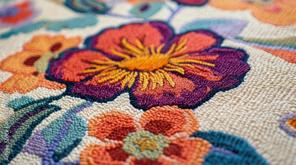 An intricately designed rug featuring a vibrant floral pattern An intricately designed rug featuring a vibrant floral pattern