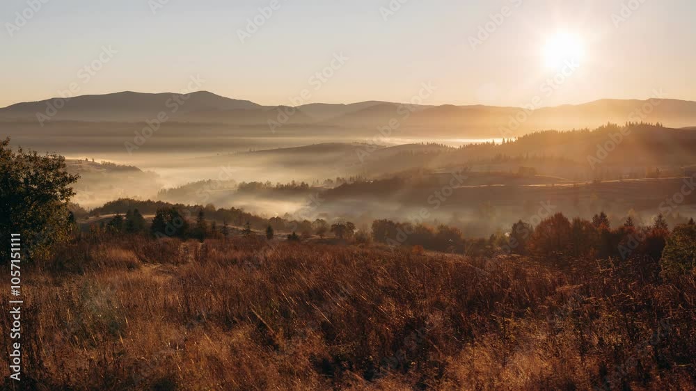 Timelapse of beautiful hill and mountains at sunrise in autumn in Ukraine. Colorful landscape with woods in fog, sunbeams in forest at dawn in fall. Timelapse of beautiful hill and mountains at sunrise in autumn in Ukraine. Colorful landscape with woods in fog, sunbeams in forest at dawn in fall.