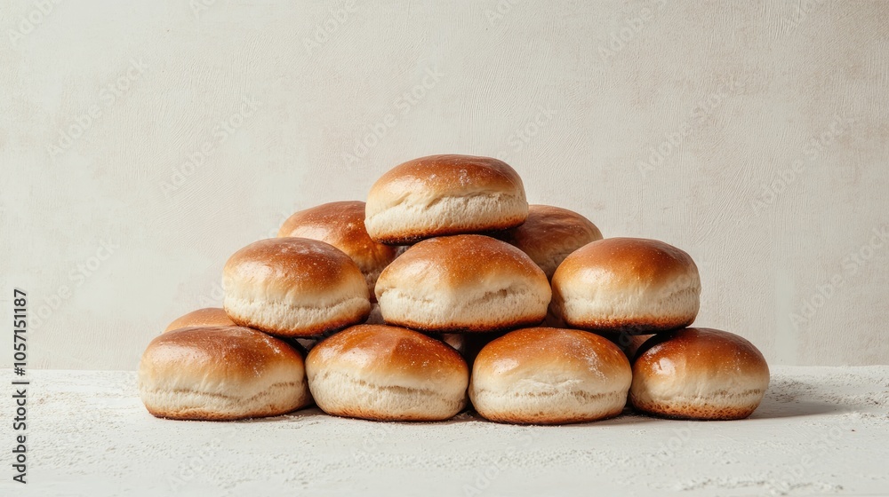 A pile of warm freshly baked buns resting on a textured white background A pile of warm freshly baked buns resting on a textured white background