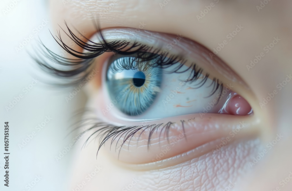 Close-up of a blue eye with detailed eyelashes and iris for vision and beauty concepts Close-up of a blue eye with detailed eyelashes and iris for vision and beauty concepts