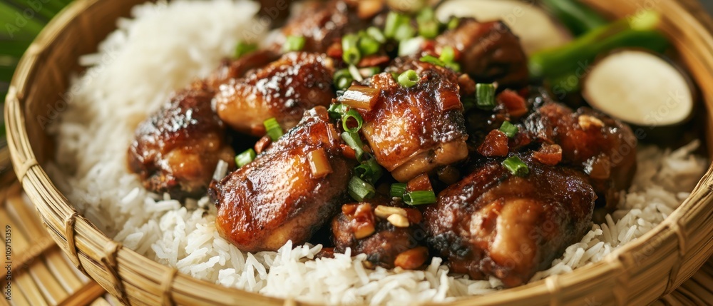 Filipino adobo chicken with rice garlic and rich sauce on bamboo plate Filipino adobo chicken with rice garlic and rich sauce on bamboo plate