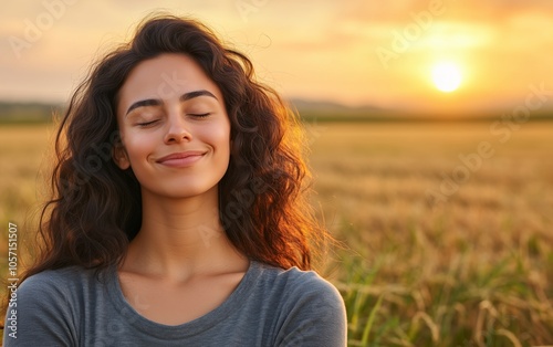 Woman Smiles in a Field at Sunset